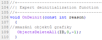 Příklad jednoduché funkce OnDeinit(), při které jsou smazány veškeré grafické objekty grafu.
