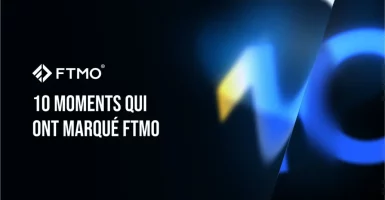 Visuel promotionnel de FTMO pour le 10e anniversaire avec le texte ‘10 moments clés de l’histoire de FTMO’, logo FTMO à gauche et éléments visuels bleus et jaunes en arrière-plan.